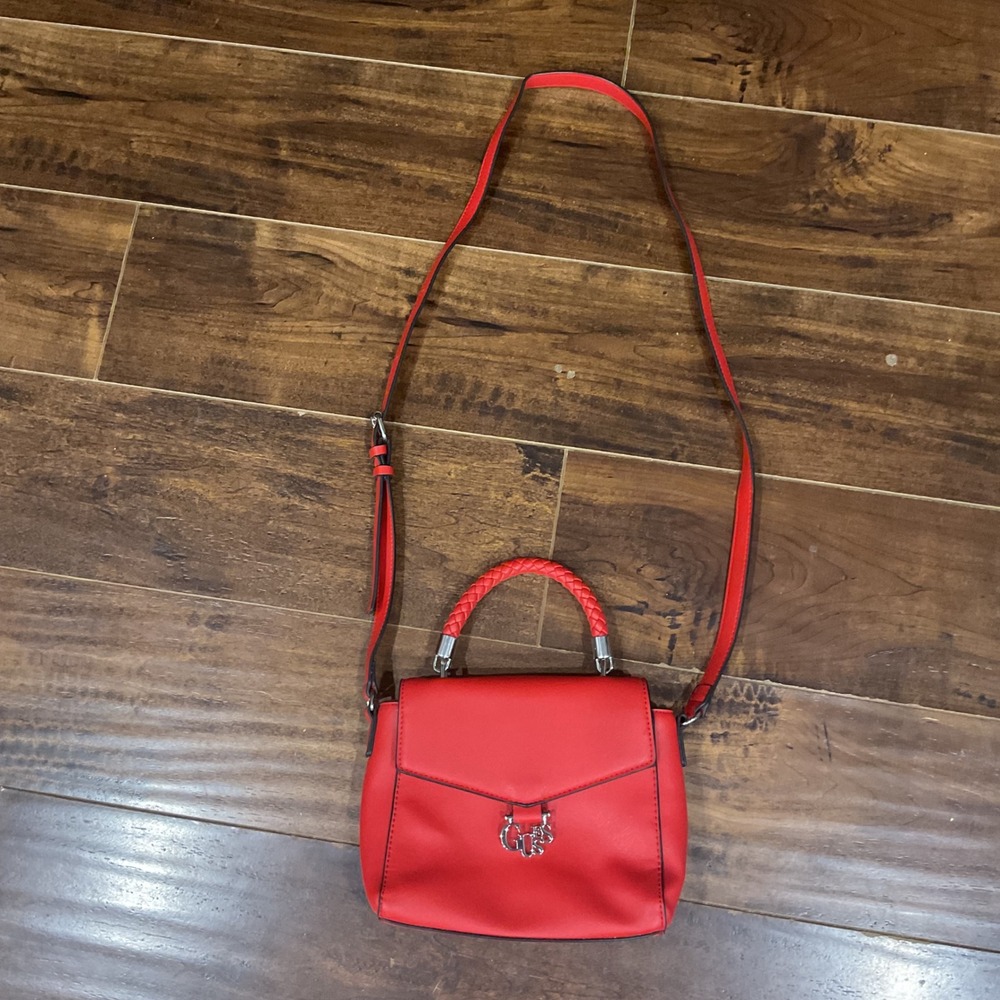Guess Red Saffiano Faux Leather Crossbody Handbag Braided Top Handle Bag